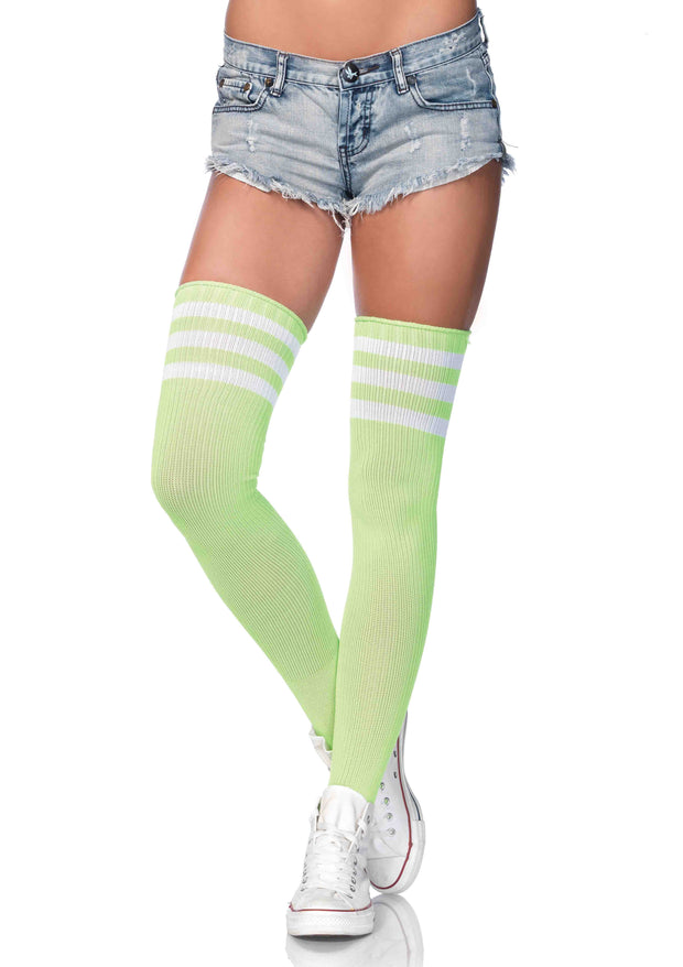 Stripes Athletic Ribbed Thigh Highs (Neon Green) - Layla Undercover Lingerie