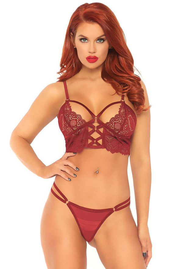 Cage Strap O-Ring Bodice Lace Bralette & Matching G-String (Burgundy, Plum) - Layla Undercover Lingerie